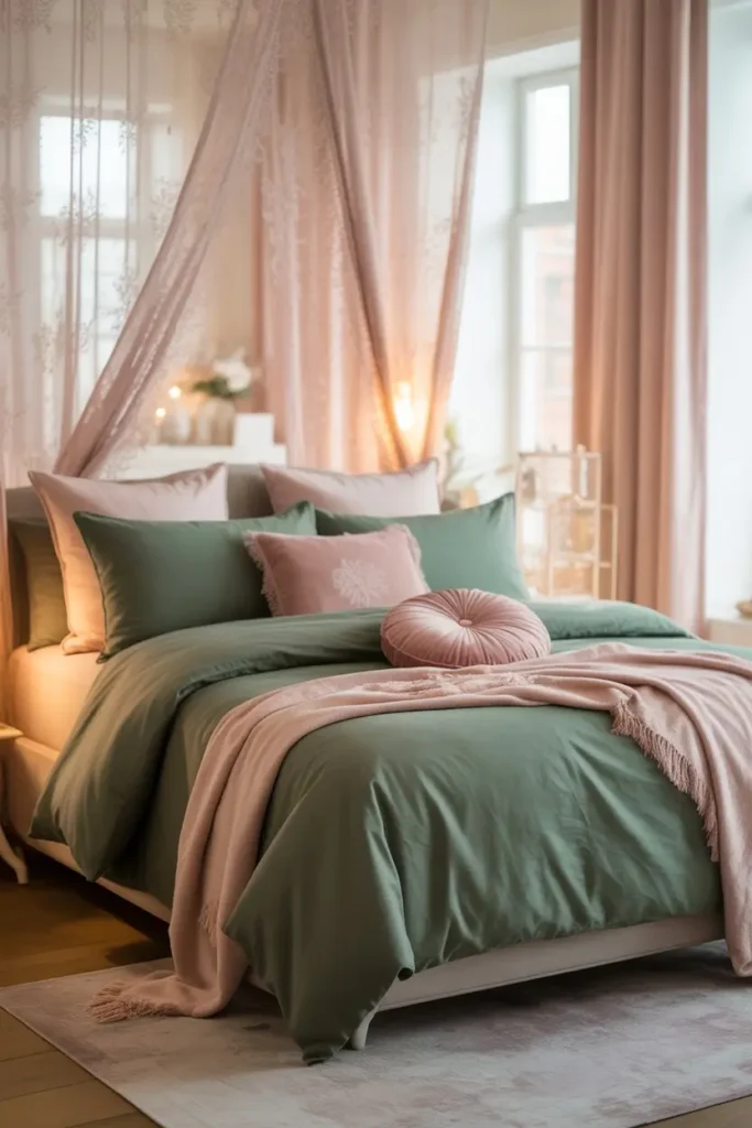 17. Adding Forest Green Bedding to a Feminine Bedroom