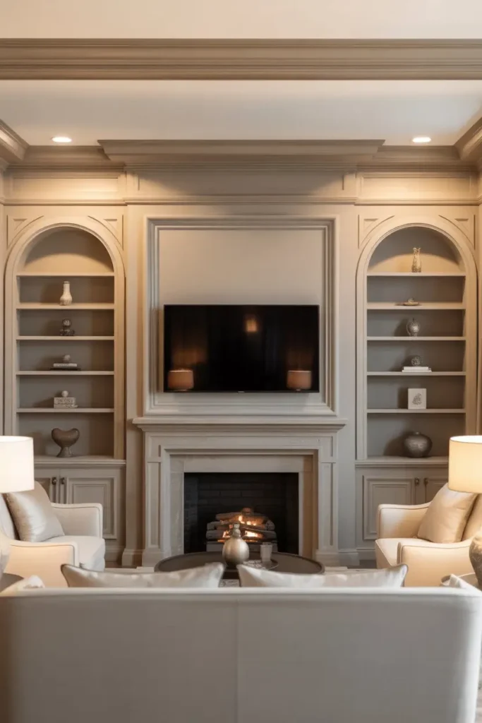17. Symmetrical Wall Design With TV Over Fireplace