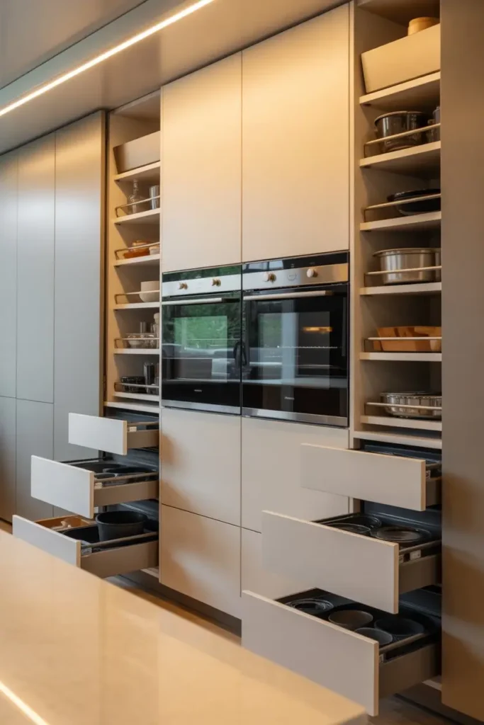 2. Built-In Double Oven Cabinets with Drawers