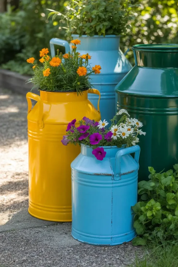 2. Painted Colorful Milk Can Planters