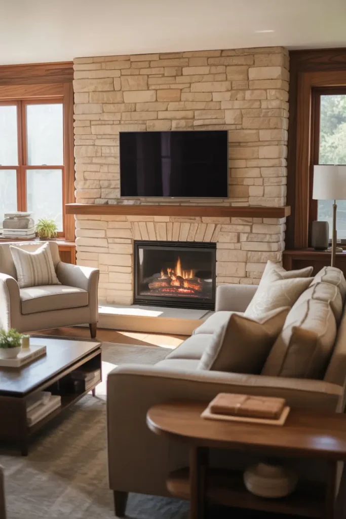 2. Stone Fireplace With Centered TV Balance