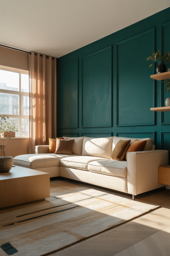 2. Teal Accent Wall Framed by Beige Surroundings