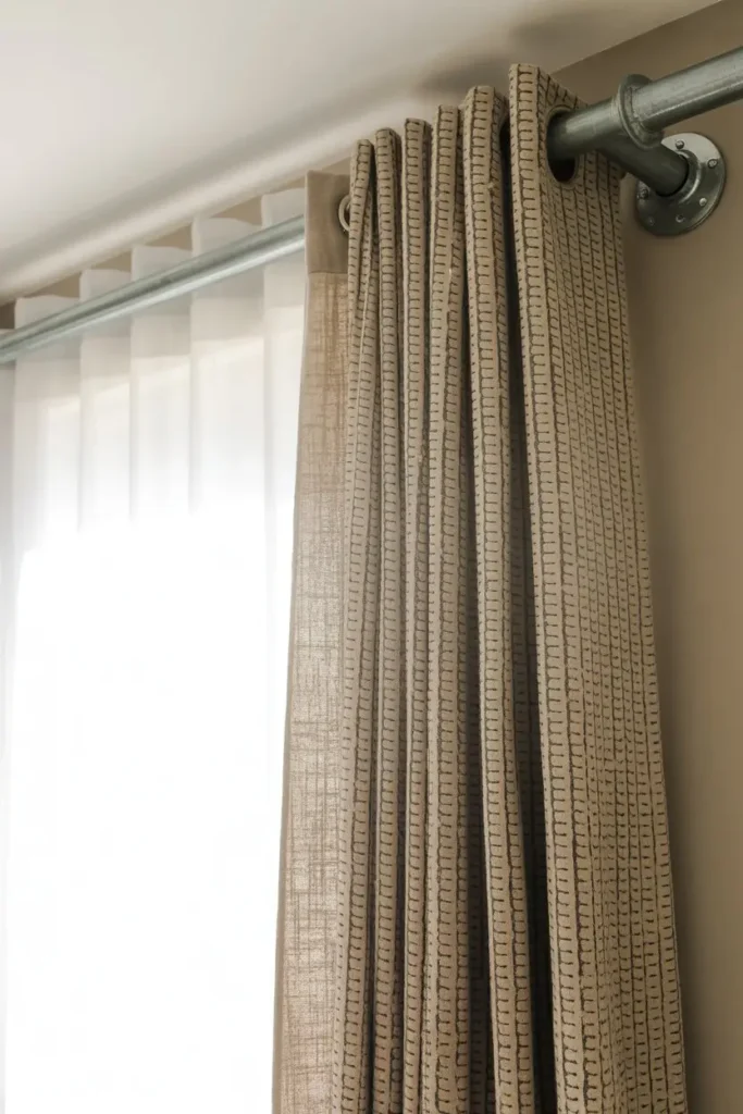 2. Use Industrial Pipe Curtain Rods for a Rustic Touch