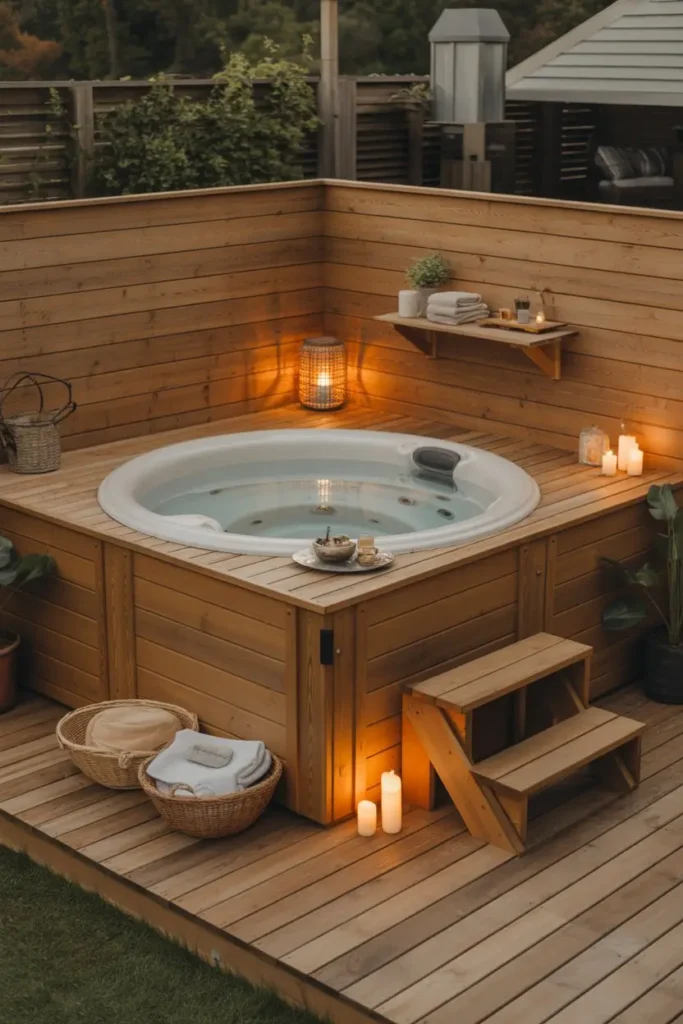 2. Wood Deck Hot Tub with Warm Natural Texture