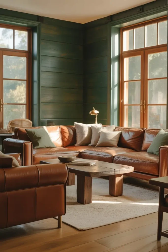 3 Forest Green Walls With Soft Brown Furniture