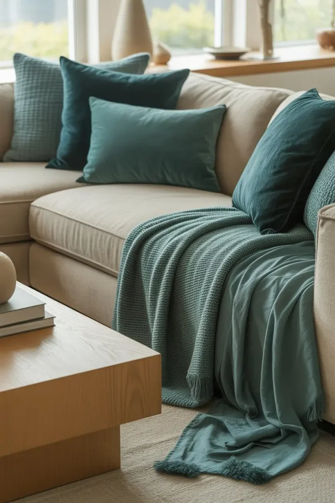 3. Beige Sofa With Teal Throw Layers