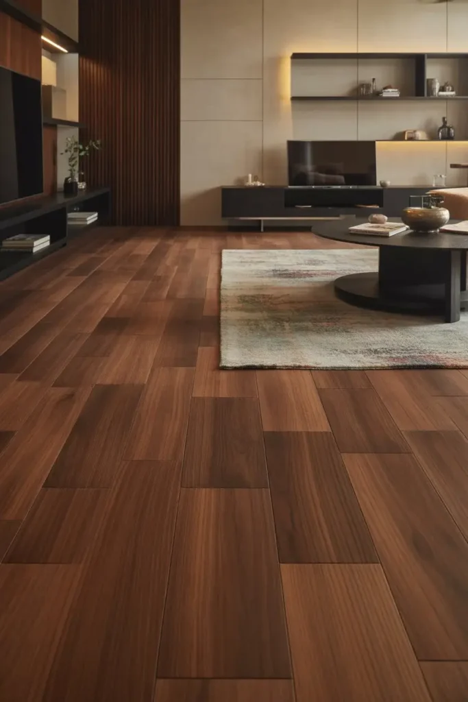 3. Black Accents with Rich Brown Flooring