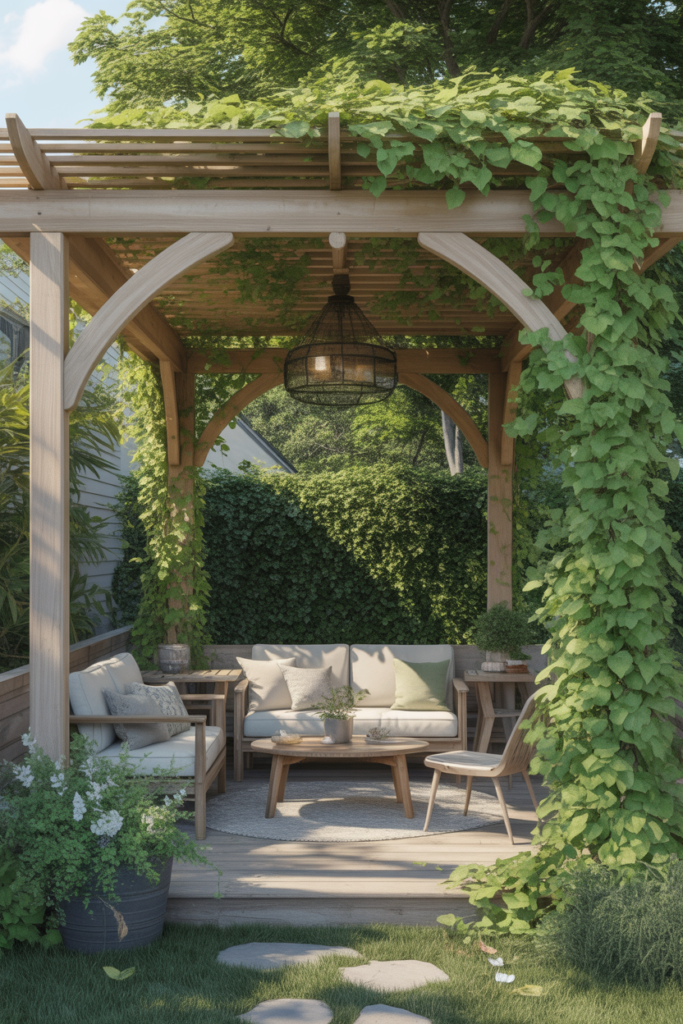 3. Pergola with Climbing Vines for a Soft Nature Cover