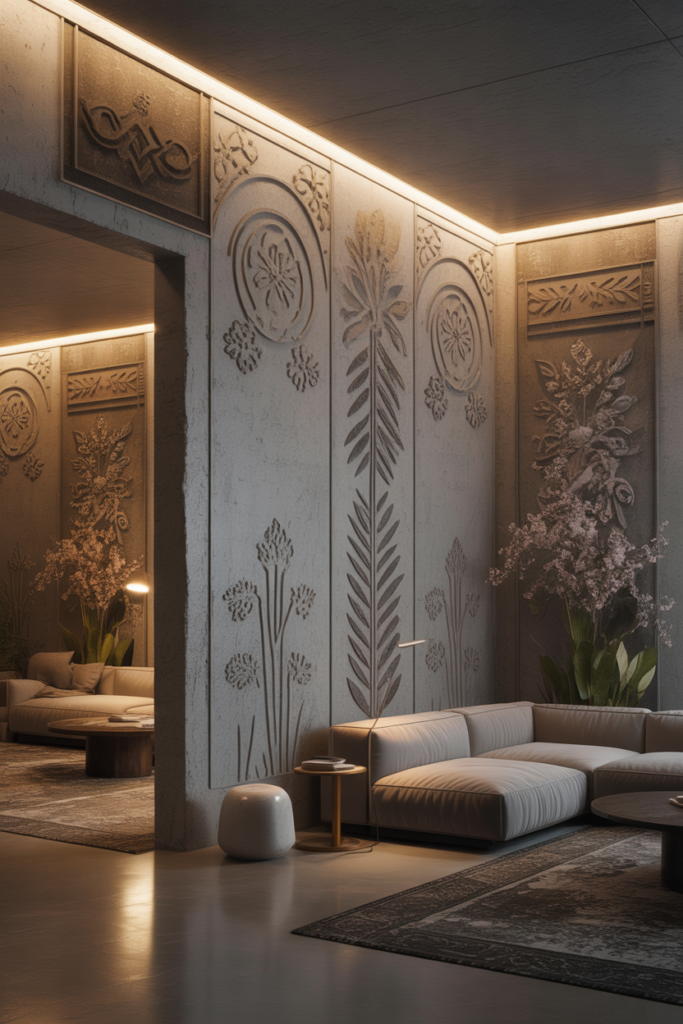 3. Stenciled Concrete Walls