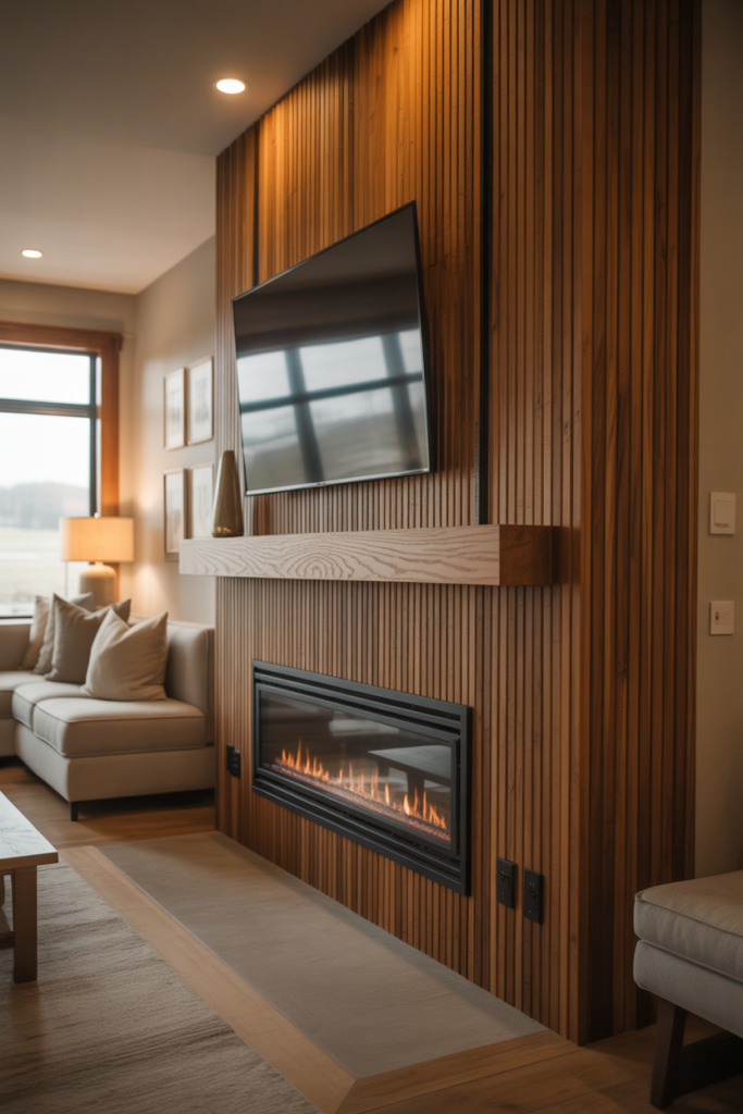 3. Wood Slat Accent Wall With TV Over Fireplace
