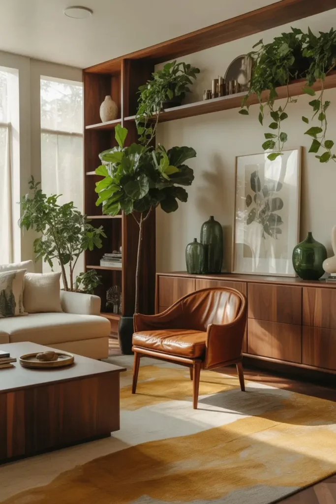 4 Brown Wood Furniture With Layered Green Decor