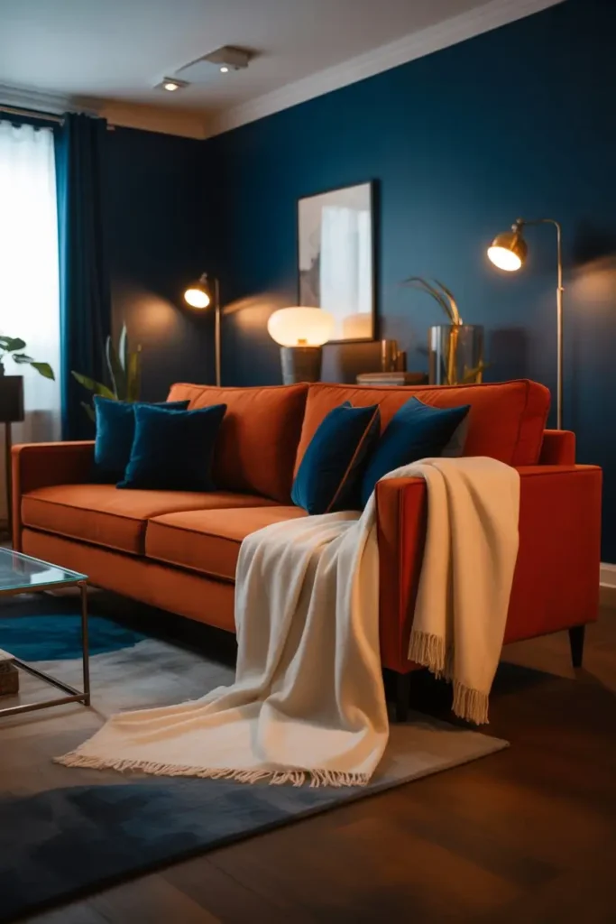 4 Stylish Orange Couch Living Room With Deep Blue Contrast