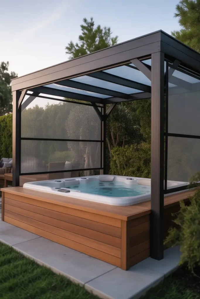 4. Covered Pergola Hot Tub for All Season Use