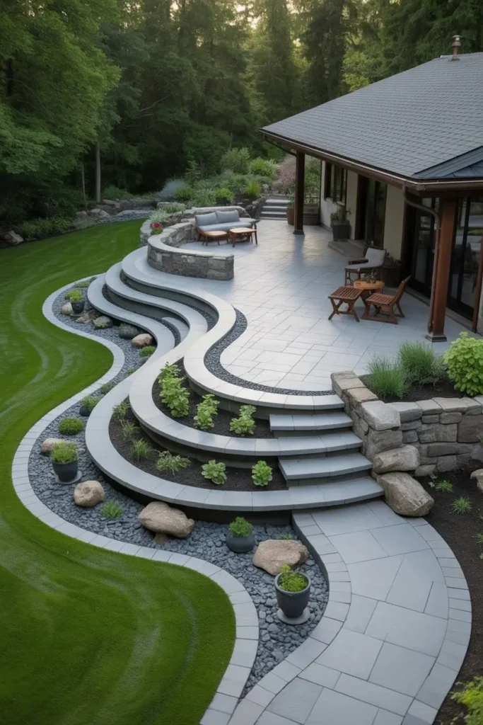 4. Curved Patio Tiers with Natural Landscaping