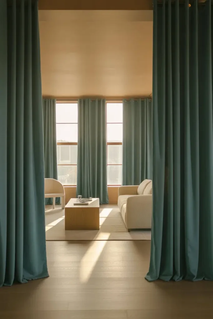 4. Teal Curtains Paired With Beige Flooring