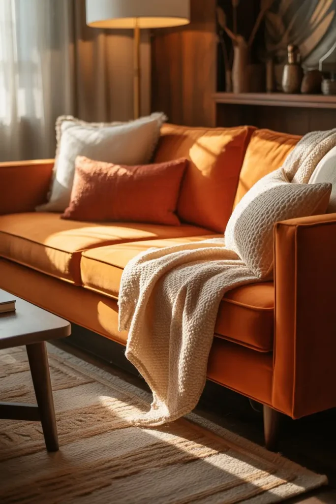 5 Stylish Orange Couch Living Room With Cozy Layered Textures