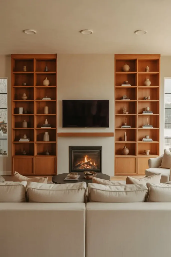 5. Built In Shelving Around TV and Fireplace