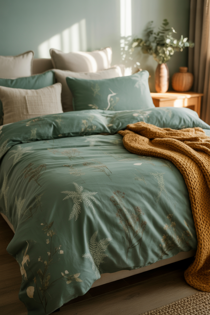 5. Nature-Inspired Prints with Forest Green Bedding