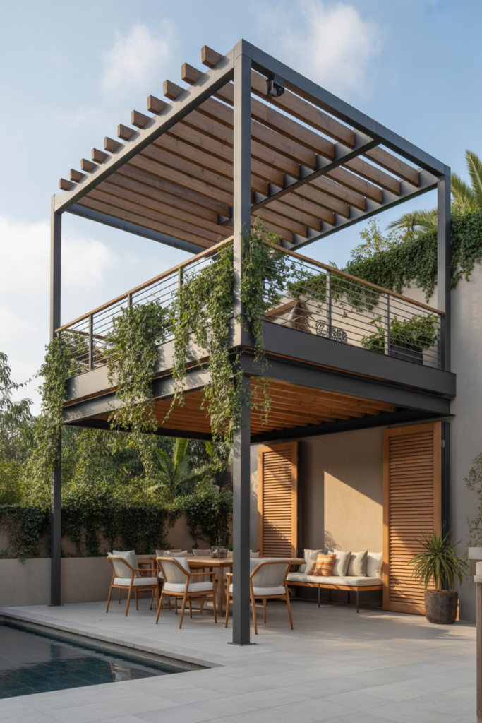 5. Tiered Patio with Pergola and Shade