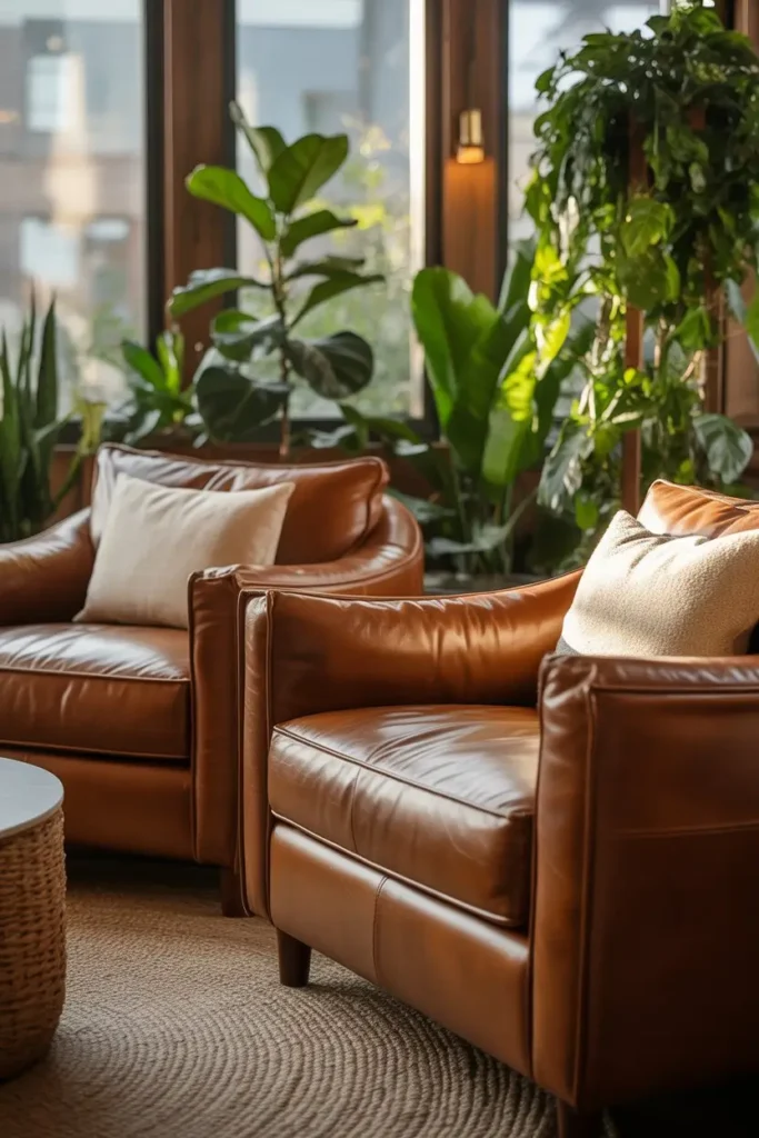 6 Cozy Brown Leather Seating With Fresh Green Plants