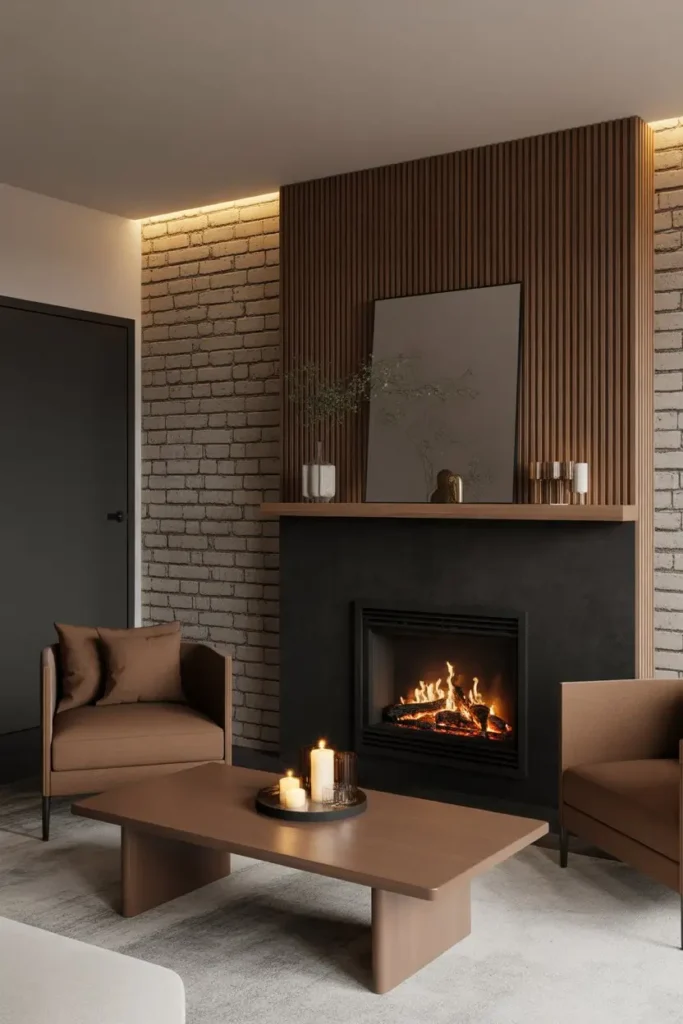 6. Statement Black Fireplace with Brown Surrounds