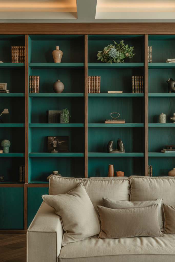 6. Teal Built In Shelves Against Beige Walls
