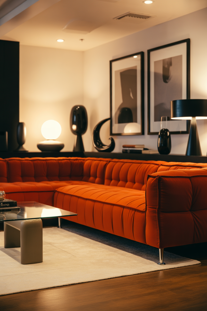 7 Stylish Orange Couch Living Room With Black Accent Details