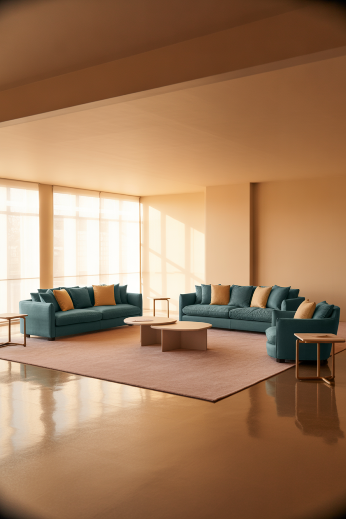 7. Beige Rug With Teal Furniture Grouping