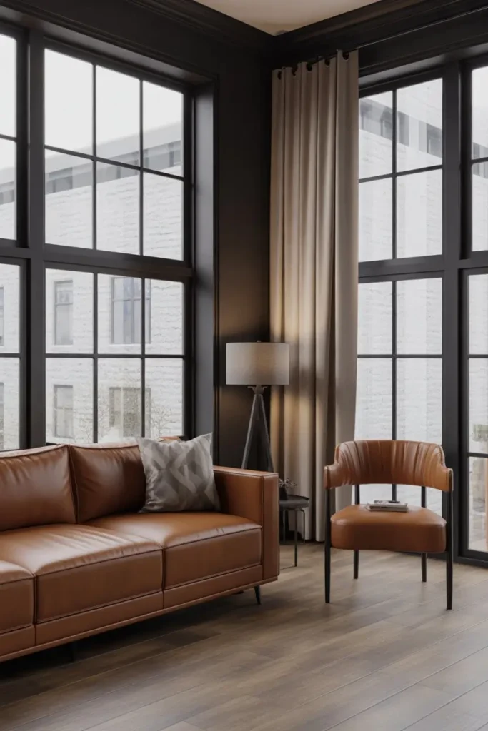 7. Black Window Frames with Brown Interior Details