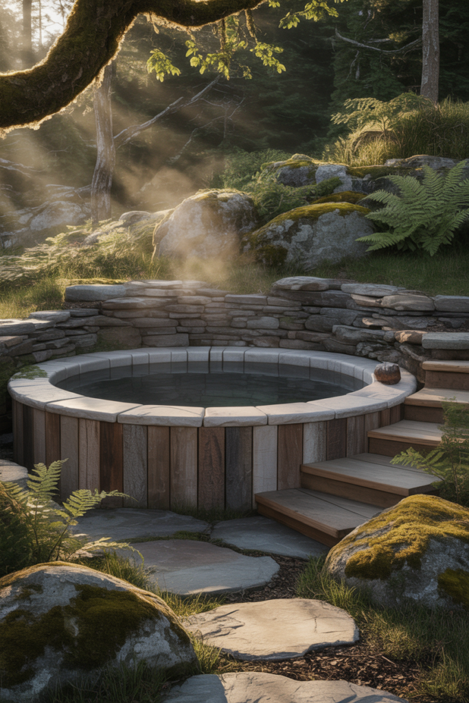 7. Rustic Hot Tub with Stone and Natural Materials