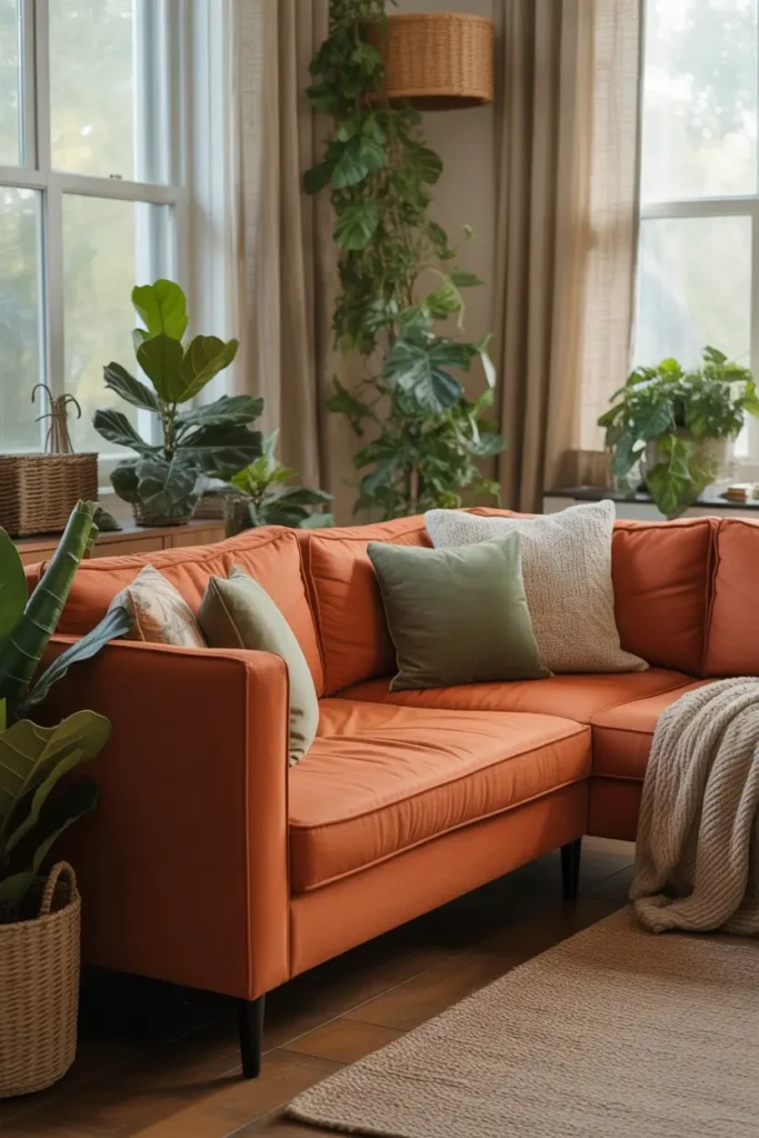 8 Stylish Orange Couch Living Room With Soft Green Touches