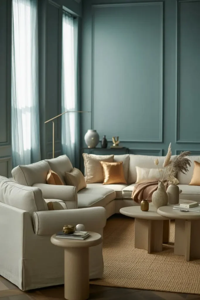8. Muted Teal Walls With Creamy Beige Accents