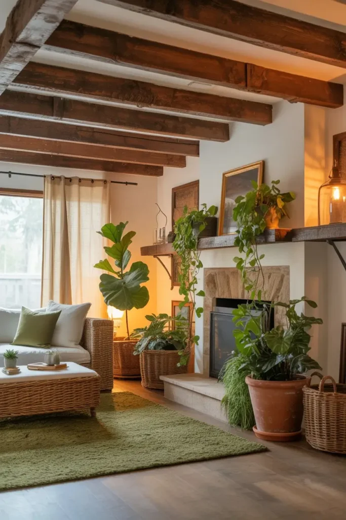 9 Rustic Brown Beams Paired With Natural Green Decor