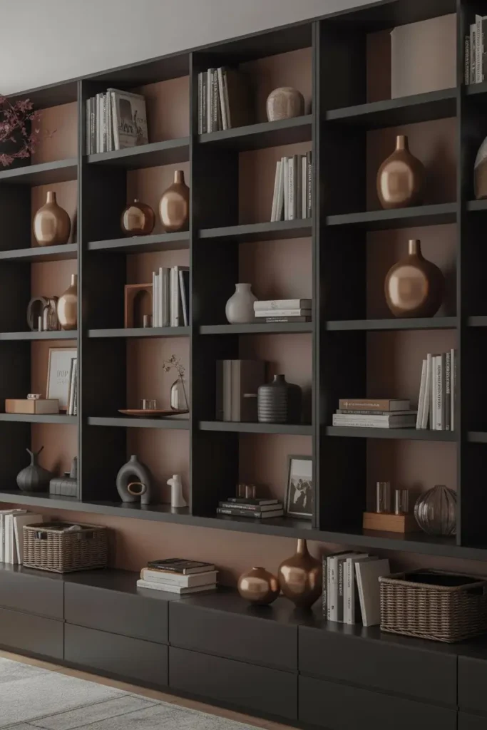 9. Black Shelving Units with Brown Decor Pieces
