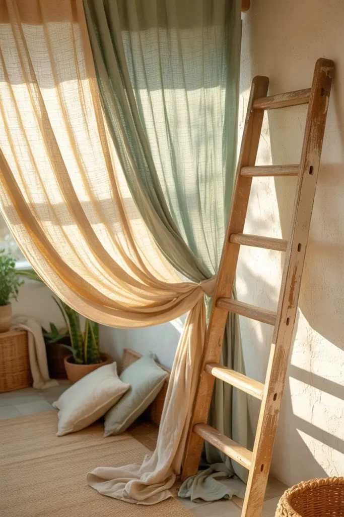 9. Hang Curtains with a Decorative Ladder for a Rustic Feel
