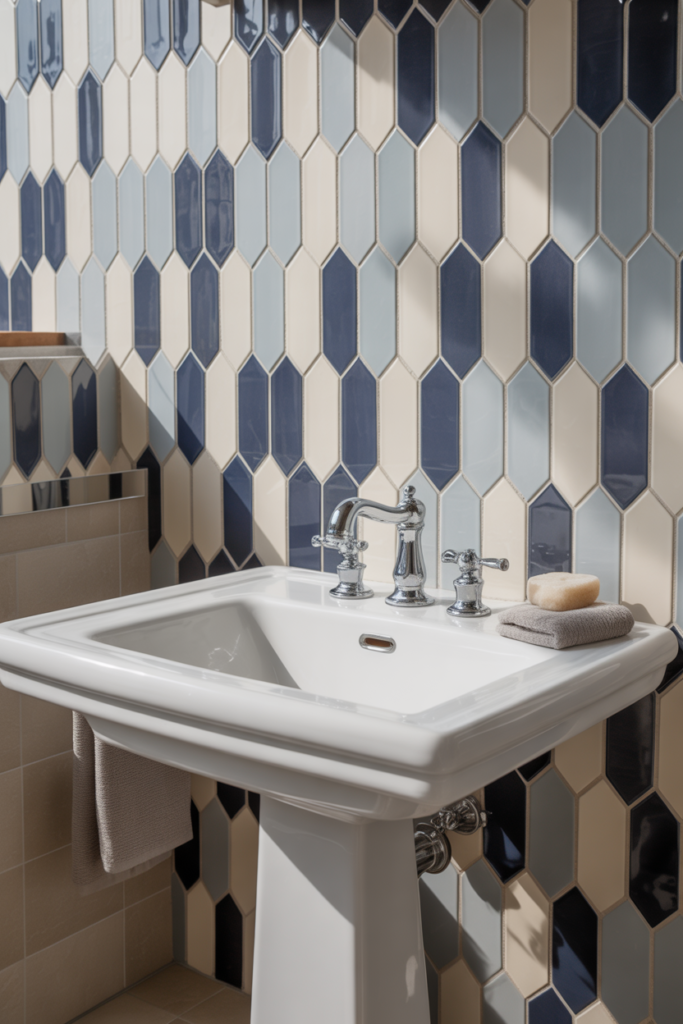 9. Pedestal Sink with Patterned Tiles for Artistic Flair
