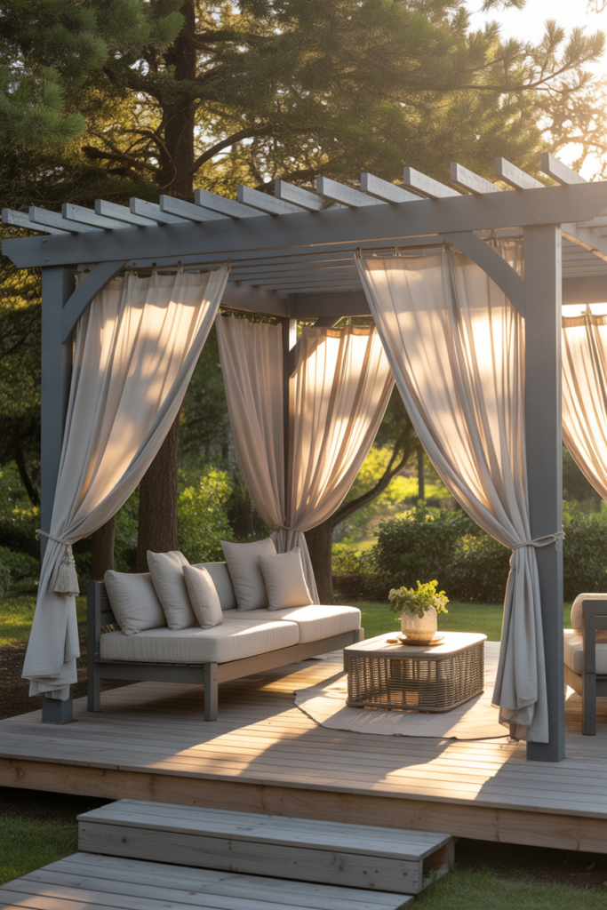 9. Pergola with Curtains for Privacy and Calm