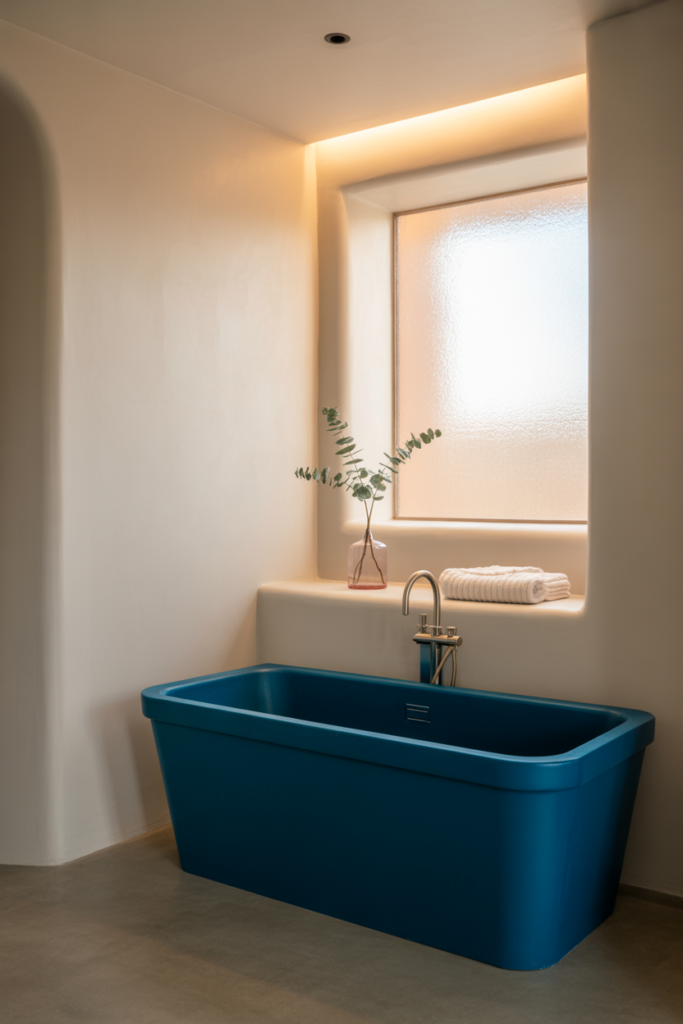 1 Embrace Soft White Walls to Let the Blue Bathtub Shine