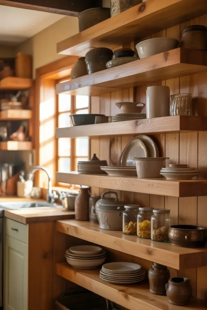 1. Classic Wood DIY Open Shelving for Warm Kitchens