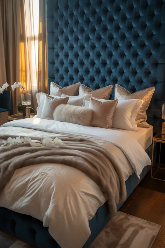 1. Deep Blue Velvet Headboard as the Star