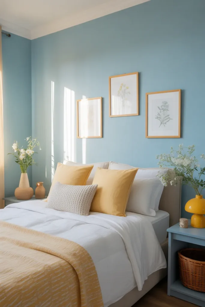 1. Soft Blue Walls with Yellow Accents