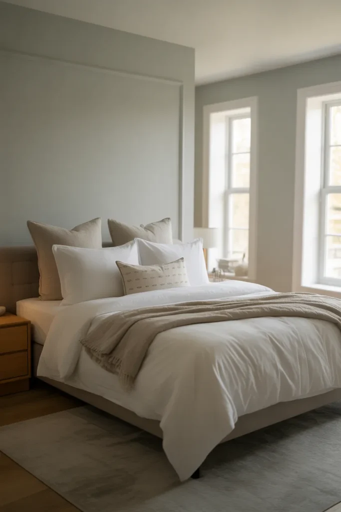 1. Soft White Bedding Against Gray Walls