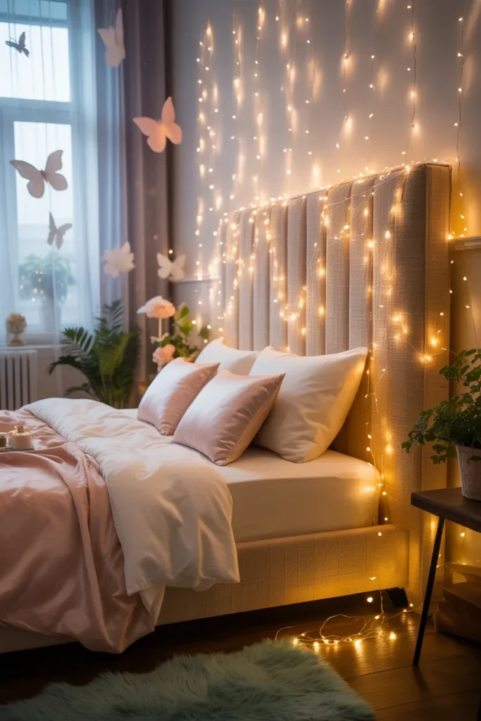 1. Wrap Fairy Lights Around the Headboard for a Gentle Glow