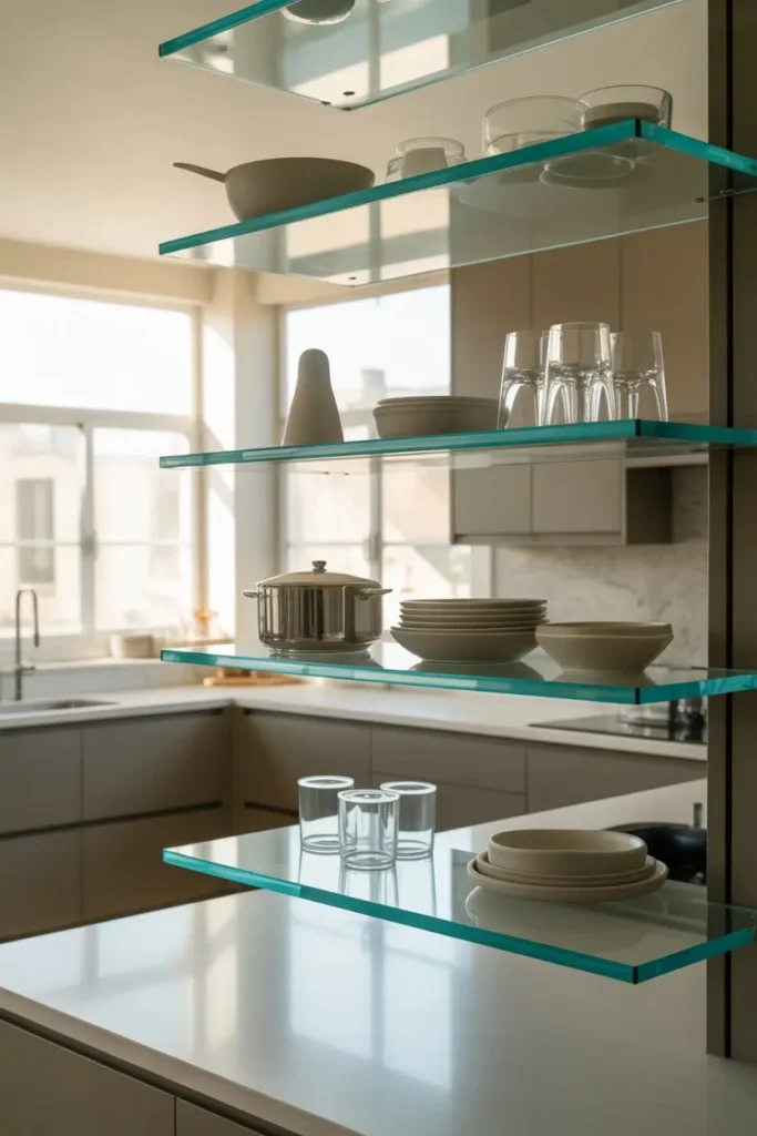 10. DIY Open Shelving With Glass Shelves