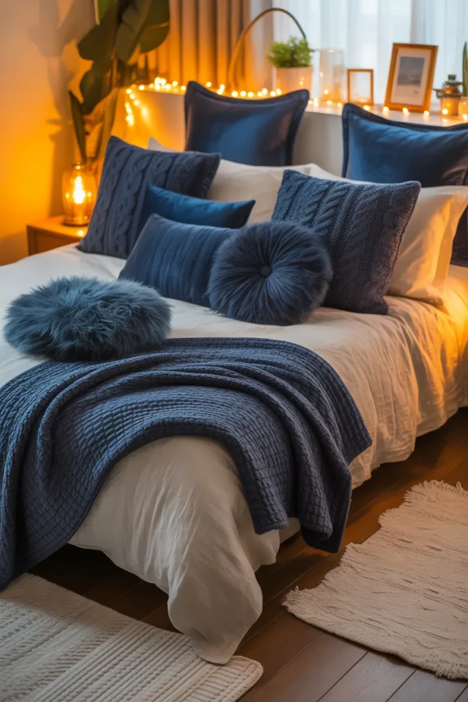 10. Navy Blue Throw Pillows and Blankets