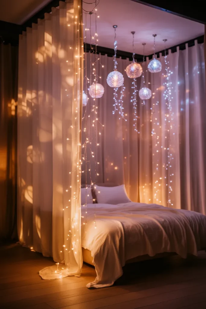 10. Use Fairy Light Chandeliers or Hanging Orbs for Statement Lighting