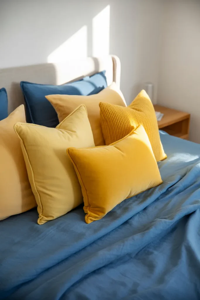 10. Yellow Throw Pillows on Blue Bedding