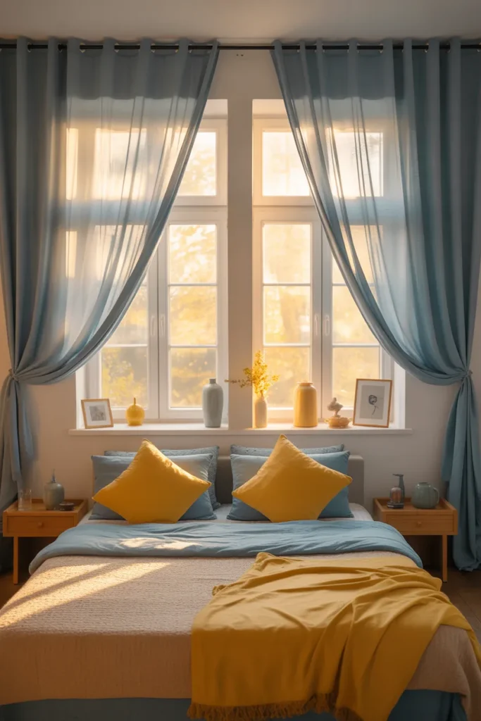 11. Blue Curtains with Yellow Accents