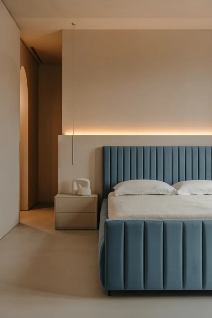 11. Modern Blue Velvet with Clean Lines