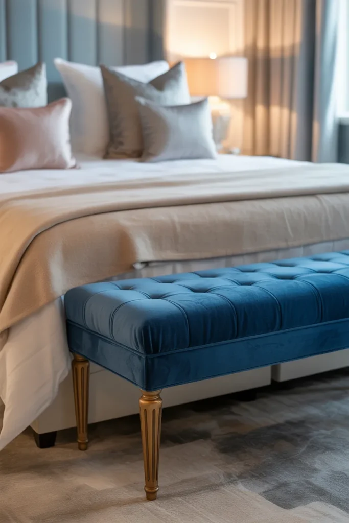 12. Blue Velvet Bench at the Foot of the Bed